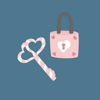 Pink key and lock with hearts on blue background. vector