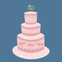 Beautiful pink wedding cake with two rings on top. vector