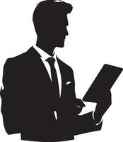 a man in a suit is holding a tablet Vector silhouette illustration black color, isolated white background 5