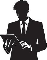 a man in a suit is holding a tablet Vector silhouette illustration black color, isolated white background 9