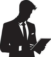 a man in a suit is holding a tablet Vector silhouette illustration black color, isolated white background 2