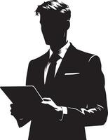 a man in a suit is holding a tablet Vector silhouette illustration black color, isolated white background 7