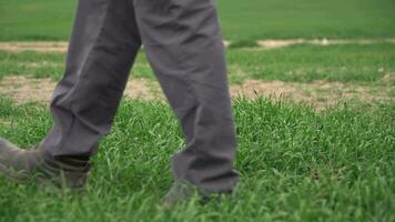 homme dans une noir veste et jeans sur le herbe video