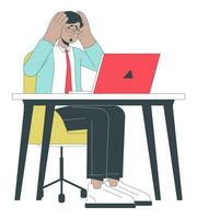 Stressed out indian man at workplace 2D linear cartoon character vector