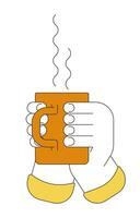 Holding cup of tea herbal medicine linear cartoon character hands illustration vector
