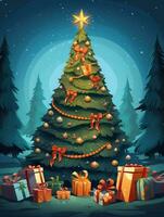 AI generated Merry Christmas, Christmas day, A Christmas tree decorated with luxurious and beautiful gifts. of Santa Claus for children to make them feel happy for a long time during the holidays. photo