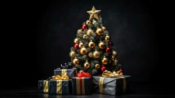 AI generated Merry Christmas, Christmas day, A Christmas tree decorated with luxurious and beautiful gifts. of Santa Claus for children to make them feel happy for a long time during the holidays. photo