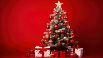 AI generated Merry Christmas, Christmas day, A Christmas tree decorated with luxurious and beautiful gifts. of Santa Claus for children to make them feel happy for a long time during the holidays. photo