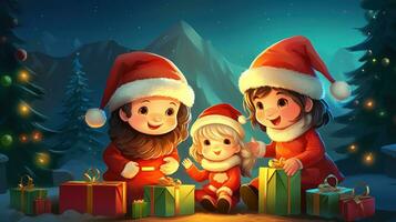 AI generated Merry Christmas, Christmas day, A Christmas tree decorated with luxurious and beautiful gifts. of Santa Claus for children to make them feel happy for a long time during the holidays. photo