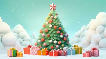 AI generated Merry Christmas, Christmas day, A Christmas tree decorated with luxurious and beautiful gifts. of Santa Claus for children to make them feel happy for a long time during the holidays. photo