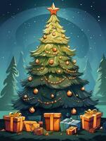 ai generado alegre Navidad, Navidad día, un Navidad árbol decorado con lujoso y hermosa regalos. de Papa Noel claus para niños a hacer ellos sensación contento para un largo hora durante el vacaciones. foto