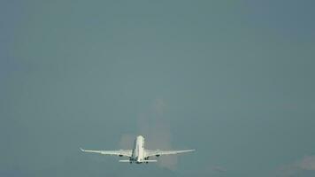 Passenger plane departure. Airplane taking off, climbing. View rear, long shot video