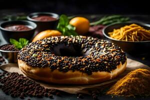 chocolate doughnut with spices and spices on a dark background. AI-Generated photo