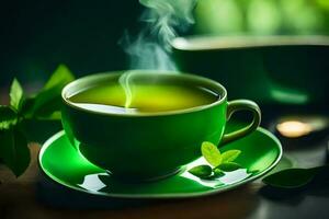 a cup of green tea with a leaf. AI-Generated photo