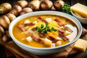 a bowl of soup with potatoes and cheese. AI-Generated photo