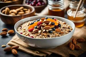 a bowl of oatmeal with nuts and berries. AI-Generated photo