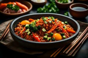 korean fried rice in a bowl with chopsticks. AI-Generated photo