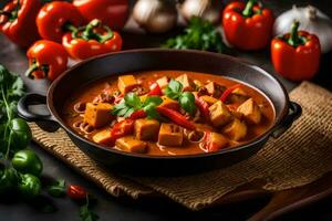 chicken curry in a bowl with vegetables and spices. AI-Generated photo