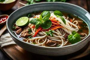 a bowl of asian noodle soup with meat and vegetables. AI-Generated photo