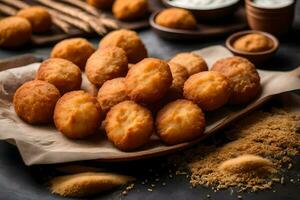 a plate of fried cheese balls with a bowl of dip. AI-Generated photo