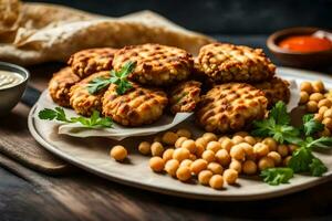 chickpeas and patties on a plate with sauce. AI-Generated photo