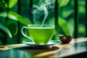 green tea in cup on table with green leaves. AI-Generated photo