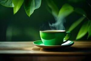 green tea cup on a wooden table. AI-Generated photo