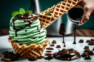 un gofre cono con chocolate y menta en cima. generado por ai foto