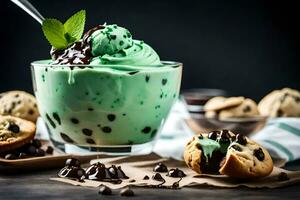 mint chocolate chip ice cream in a glass bowl with mint leaves and chocolate chips. AI-Generated photo