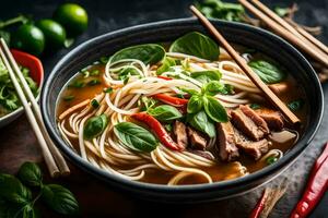 chinese noodles with meat and vegetables in a bowl. AI-Generated photo
