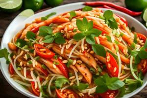 a bowl of noodles with tomatoes, cilantro and lime. AI-Generated photo