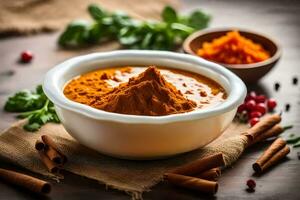a bowl of curry powder with spices and herbs. AI-Generated photo