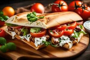 a sandwich with tomatoes, lettuce and cheese on a wooden cutting board. AI-Generated photo