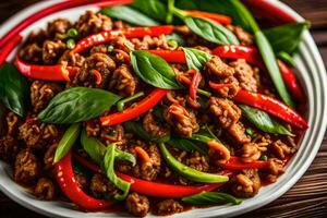 chinese style beef and vegetables in a bowl. AI-Generated photo