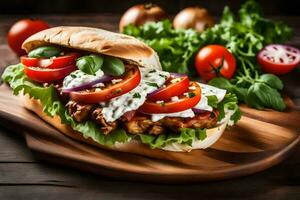 a sandwich with tomatoes, lettuce and onions on a wooden cutting board. AI-Generated photo