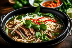 a bowl of pho soup with beef and vegetables. AI-Generated photo