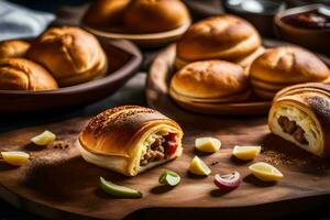 buns with meat and onions on a wooden cutting board. AI-Generated photo