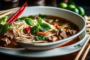 a bowl of pho with meat and vegetables. AI-Generated photo