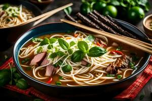 chinese noodles in a bowl with chopsticks and vegetables. AI-Generated photo