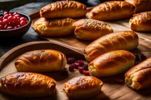 buns with cranberries and sesame seeds on a wooden cutting board. AI-Generated photo