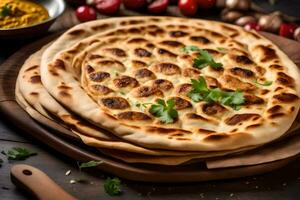 indian flatbread with spices and herbs on a wooden table. AI-Generated photo