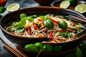 a bowl of asian noodle soup with chopsticks. AI-Generated photo