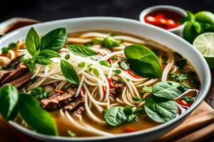 a bowl of beef noodle soup with herbs and vegetables. AI-Generated photo