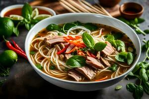 a bowl of asian noodle soup with meat and vegetables. AI-Generated photo