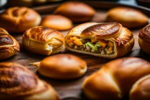 a tray of buns with meat and vegetables. AI-Generated photo