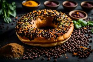 a donut with chocolate and spices on a black background. AI-Generated photo