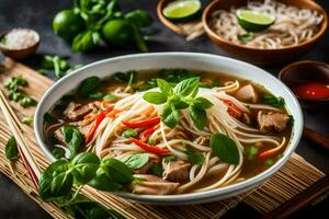 tailandés fideos sopa con Cerdo y vegetales. generado por ai foto