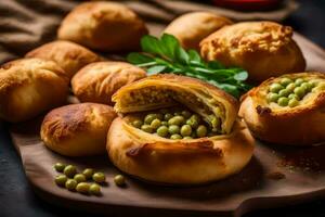 baked bread with peas and parsley on a cutting board. AI-Generated photo