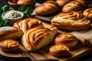 bollos en un corte tablero con queso y hierbas. generado por ai foto