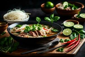 thai beef noodle soup with basil and lime. AI-Generated photo